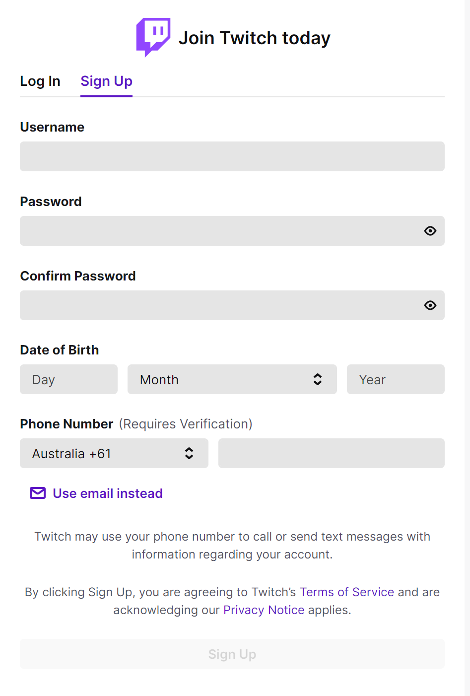 Twitch Sign Up Screen Exampl